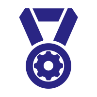 Dark blue medal icon with a dark blue setting icon in the middle. 